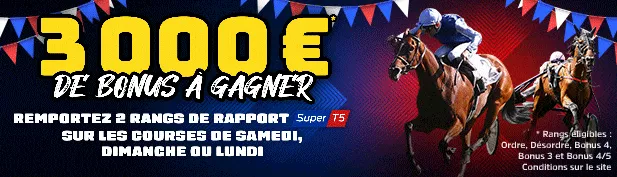 Bannière Genybet Turf 3 000 € à gagner sur le Super Top 5 durant le challenge Fête Nationale du 12 au 14 juillet