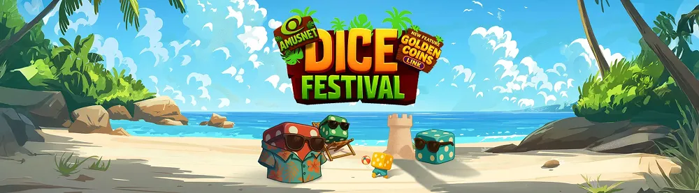 Illustration estivale Amusnet Dice Festival sur Golden Palace Casino avec dés animés, sable, mer et logo Golden Coins Link en avant