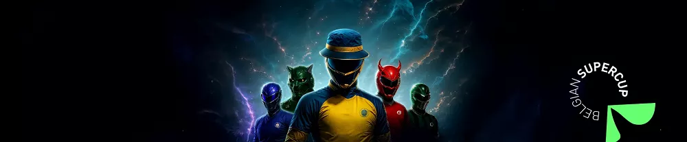 Visuel promotionnel Golden Palace Sport avec joueurs masqués et tenues colorées pour la Belgian Supercup