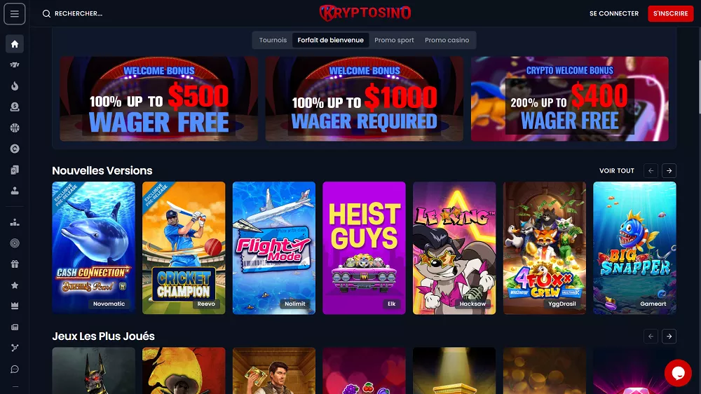 Page d’accueil du casino Kryptosino avec offres de bienvenue, nouveaux jeux et bonus crypto sans condition