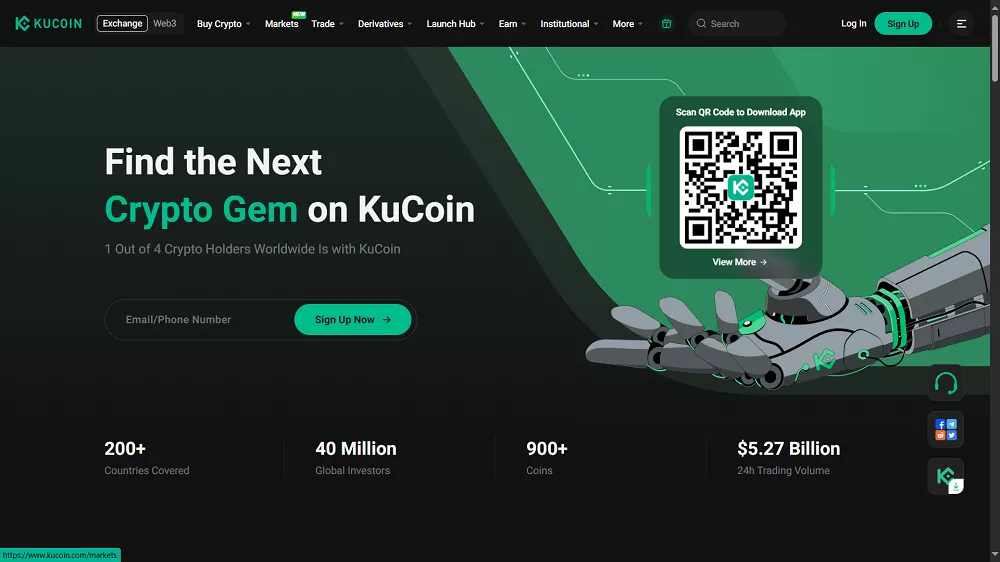 Page d’accueil de la plateforme KuCoin avec QR code, robot et données clés sur les cryptomonnaies