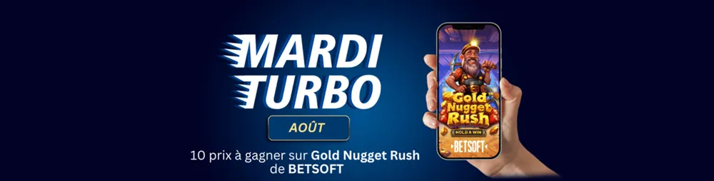 Bannière de la promotion Mardi Turbo sur Magic Betting Casino, avec 10 prix à gagner sur Gold Nugget Rush de Betsoft