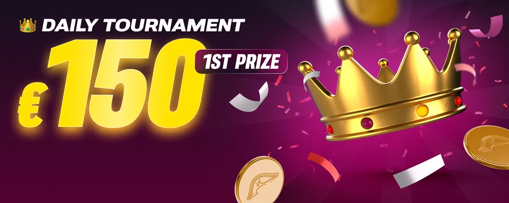 Bannière Daily Tournament de Napoleon Casino avec 150 € en prix et une couronne dorée sur fond festif