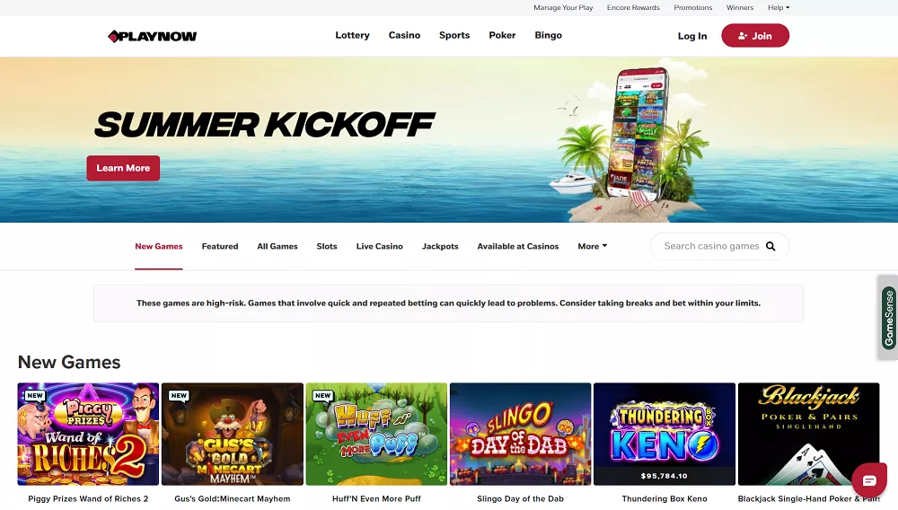 Page d’accueil du Casino PlayNow avec visuel estival, nouveaux jeux en ligne et promotions en cours pour les joueurs canadiens