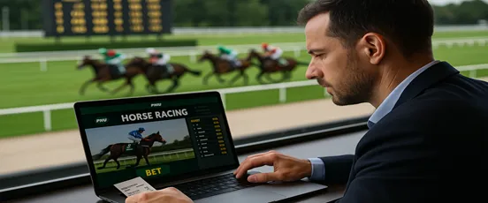 Un homme parie en ligne sur le PMU avec son ordinateur depuis l’hippodrome, en arrière-plan des chevaux courent sur la piste