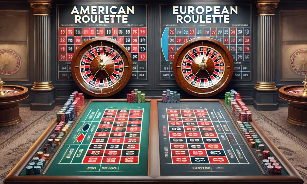 Comparaison entre la roulette américaine et européenne avec leurs roulettes et tapis de jeu respectifs en casino