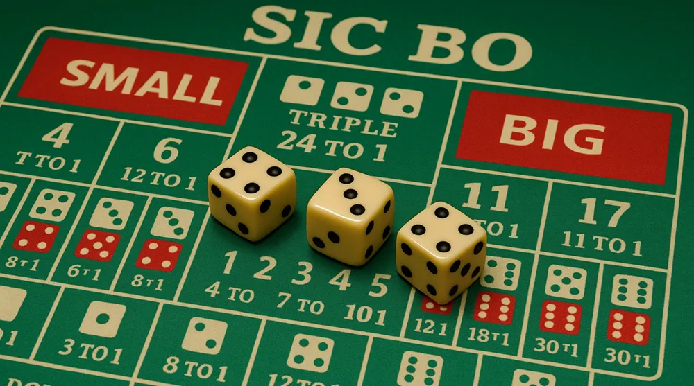 Table de casino Sic Bo avec trois dés et zones de mise Petit et Grand