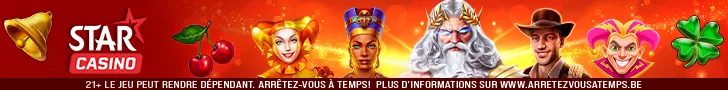 Bannière promotionnelle de Star Casino avec des personnages de machines à sous sur fond rouge éclatant