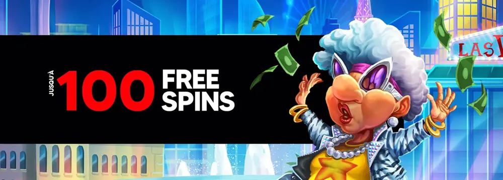 Personnage animé célébrant sous une pluie de billets avec la mention "jusqu’à 100 Free Spins" sur Swiss4Win