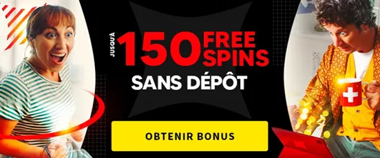 Promotion Swiss4Win avec 150 Free Spins sans dépôt, visuel dynamique avec deux joueurs enthousiastes