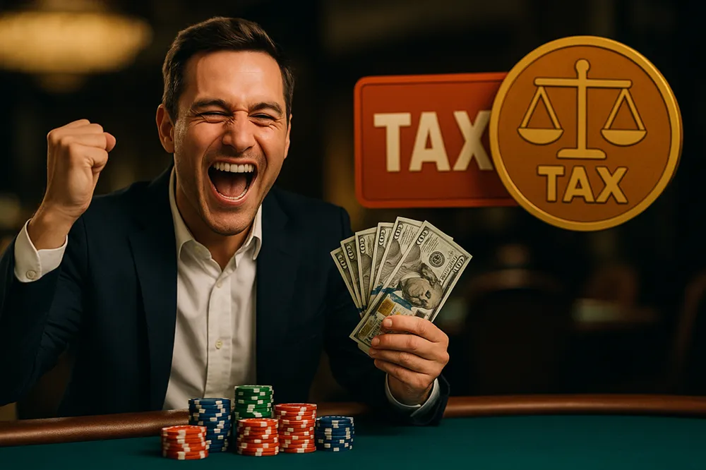 Homme heureux gagnant au casino avec billets et jetons devant un symbole fiscal, illustrant la taxe sur les jeux d’argent