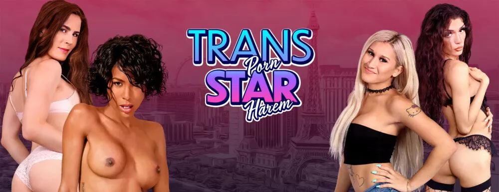 Bannière du jeu Trans Pornstar Harem avec quatre personnages trans en lingerie devant un décor urbain stylisé