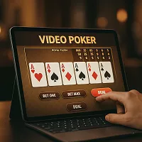 Écran de tablette affichant une partie de vidéo poker en ligne avec une main gagnante et bouton DEAL