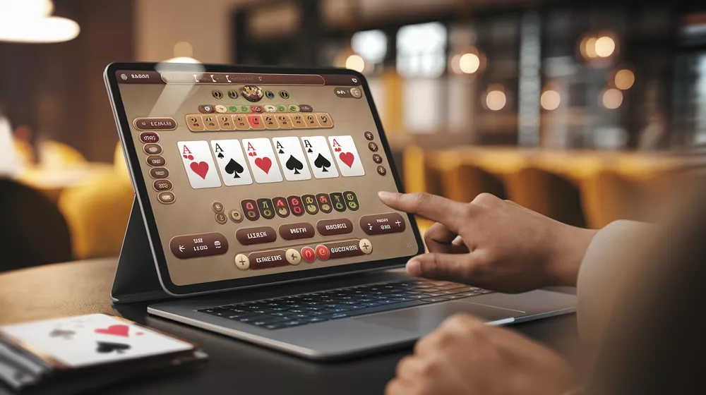 Partie de vidéo poker en ligne affichée sur une tablette avec une main gagnante et interface de casino virtuel